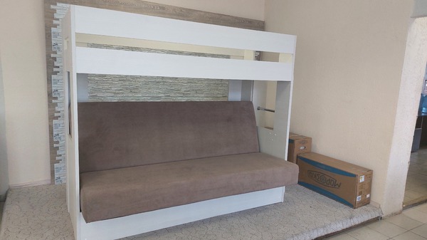 Кровать детская двухъярусная Карамель 75 бодега светлая, диван - велюр Вивальди 22 стоун коричневый (сборка на любую сторону) спальное место верх 80х190, низ 120х185