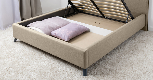 Кровать Миа 160 рогожка бежево-коричневый, кант желтовато-коричневый с ортопедическим основанием и подъемным механизмом