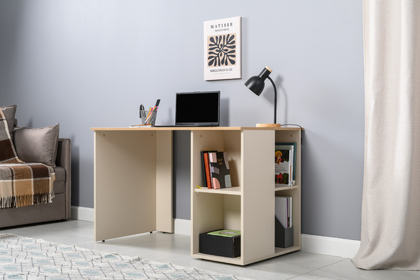 Стол письменный Лайт 12.163 сатин 7045 SU, гикори рокфорд натуральный KO86 PW, сборка на любую сторону, два варианта сборки тумбы