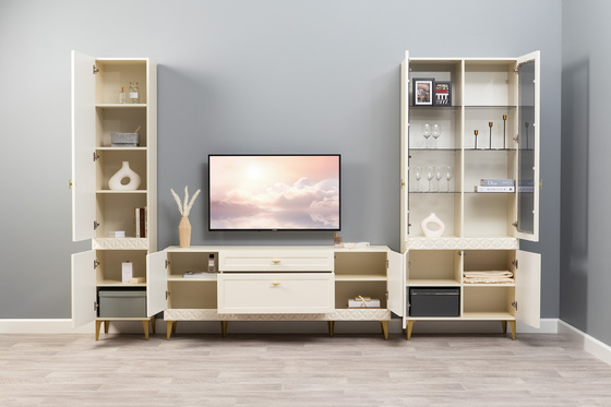 Гостиная Марион композиция 2 слоновая кость С341 PE, слоновая кость 6898 ПВХ, белый PE шагрень (собирается на любую сторону)