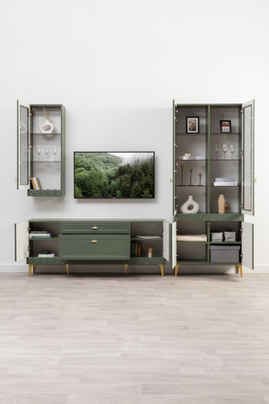 Гостиная Марион композиция 1 дымчатый зеленый K521, олива шагрень AG 1050 ПВХ, белый PE шагрень (собирается на любую сторону)