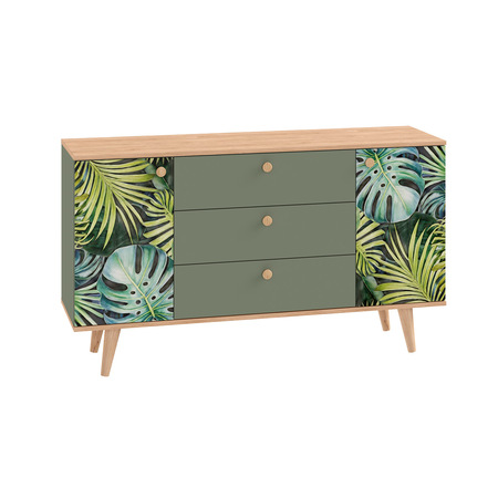 Комод Маттиас 16.245 дымчатый зеленый K521, гикори рокфорд натуральный KO86 PW, белый PE шагрень, фотопечать