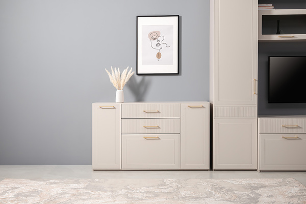 Гостиная Ричфорд композиция 2 без карнизов, кашемир 5981 BS, моно керамика D166-2 ПВХ, белый PE шагрень (собирается на любую сторону)